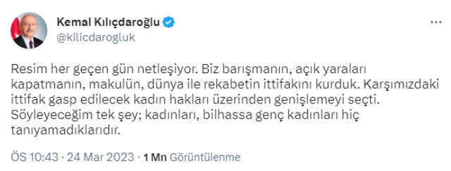 Kılıçdaroğlu: Karşımızdaki İttifak, Gasp Edilecek Kadın Hakları Üzerinden Genişlemeyi Seçti. Kılıçdaroğlu: Karşımızdaki İttifak, Gasp Edilecek Kadın Hakları Üzerinden Genişlemeyi Seçti.