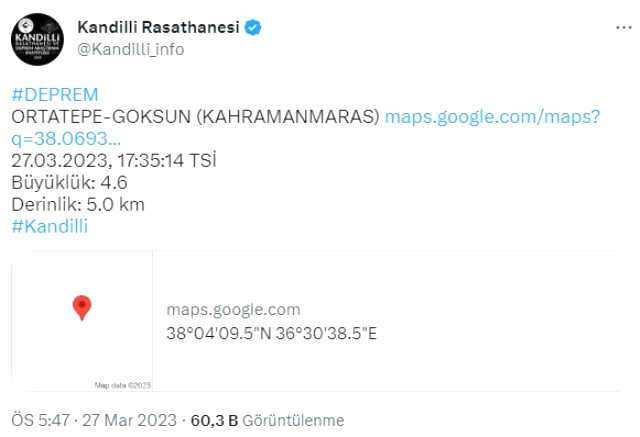 Kahramanmaraş Göksun'da deprem mi oldu? SON DAKİKA! Az önce Kahramanmaraş Göksun'da deprem mi oldu? Göksun deprem şiddeti kaç?