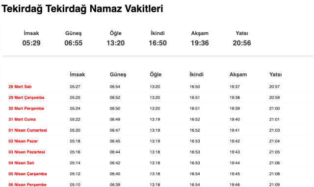 Tekirdağ, Sakarya, Yalova akşam ezanı saat kaçta? 27 Mart Tekirdağ, Sakarya, Yalova ezan vakitleri! Tekirdağ, Sakarya, Yalova iftar ne zaman?
