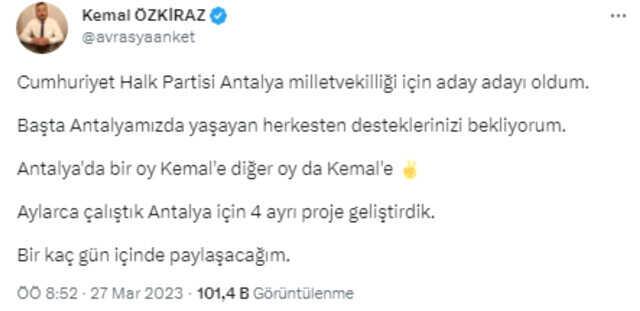 Ünlü anketçi Kemal Özkiraz, CHP'den milletvekili aday adayı oldu