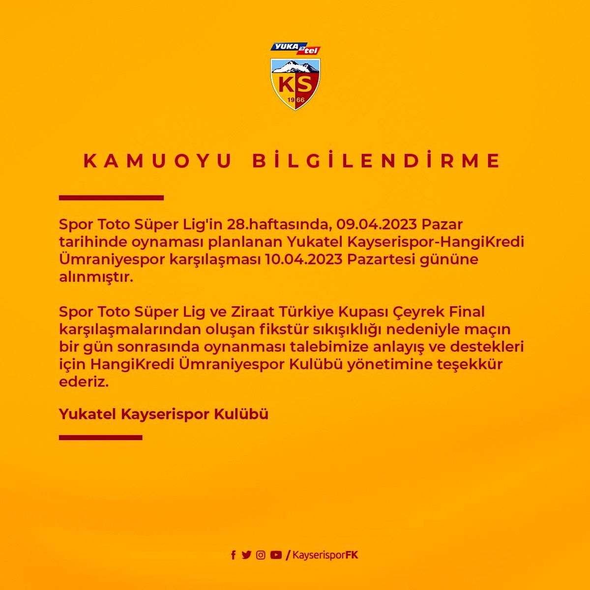 Kayserispor Ümraniyespor maçı Pazartesi'ne alındı