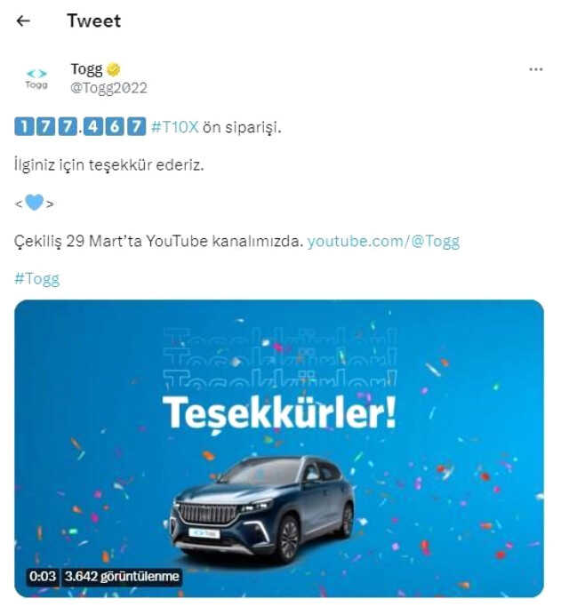 TOGG başvuru sayısı kaç? TOGG ön sipariş kaç kişi başvurdu? TOGG çekilişi ne zaman çekilecek?