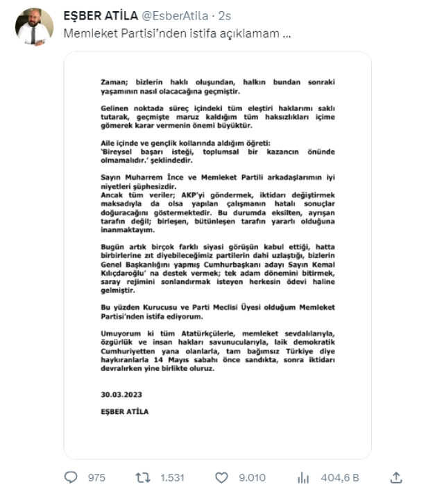 Memleket Partisi Kurucularından, Pm Üyesi Eşber Atila İstifa Etti Memleket Partisi Kurucularından, Pm Üyesi Eşber Atila İstifa Etti