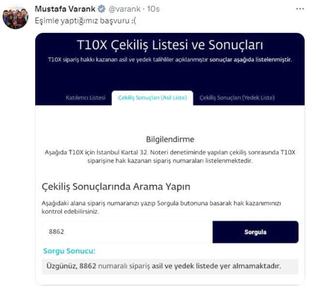 Togg çekilişinde adı çıkmayan Mustafa Varank, üzüntüsünü sosyal medyadan paylaştı Togg çekilişinde adı çıkmayan Mustafa Varank, üzüntüsünü sosyal medyadan paylaştı