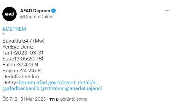 Ege Denizi'nde 4,7 büyüklüğünde deprem