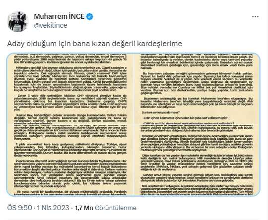 İnce, adaylıktan çekilmesini isteyenlere 4 sayfalık mektupla yanıt verdi: Ben seçime girmezsem Erdoğan ilk turda kazanır İnce, adaylıktan çekilmesini isteyenlere 4 sayfalık mektupla yanıt verdi: Ben seçime girmezsem Erdoğan ilk turda kazanır