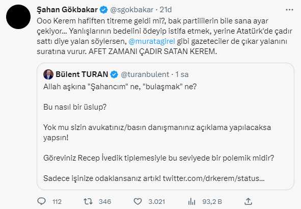 Gökbakar'dan AK Partili Turan'ın tepkisi sonrası Kerem Kınık'a olay mesaj: Kerem hafiften titreme geldi mi?