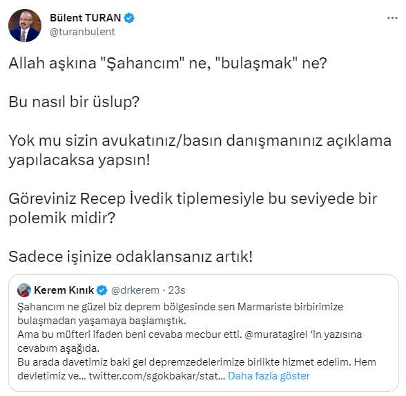 Gökbakar'dan AK Partili Turan'ın tepkisi sonrası Kerem Kınık'a olay mesaj: Kerem hafiften titreme geldi mi?