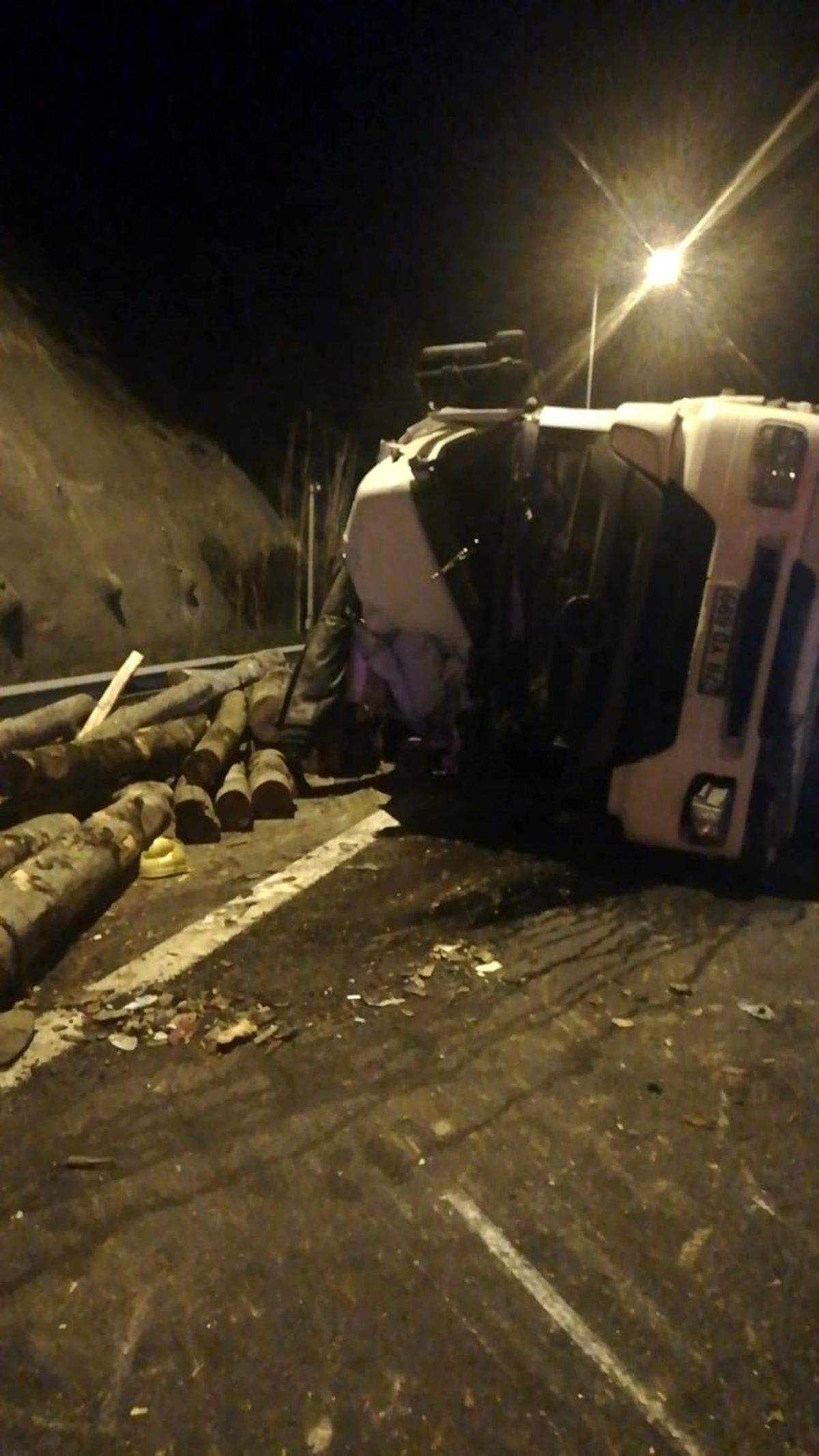 Bolu Dağı Tüneli'nde tomruk yüklü kamyon devrildi