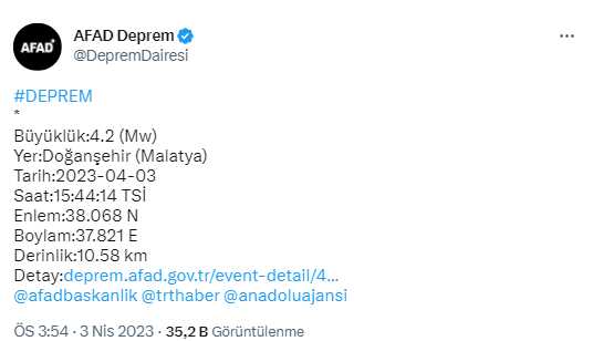 Malatya'da 4.2 büyüklüğünde deprem meydana geldi