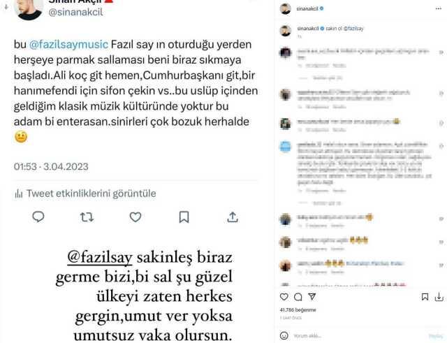 Sinan Akçıl, paylaşımlarından rahatsız olduğu Fazıl Say'a sert çıktı: Sakinleş, germe bizi Sinan Akçıl, paylaşımlarından rahatsız olduğu Fazıl Say'a sert çıktı: Sakinleş, germe bizi