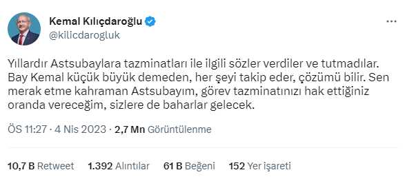 Seçimler yaklaşırken Kılıçdaroğlu'ndan bir vaat daha: Kahraman Astsubayım, tazminatınızı hak ettiğiniz oranda vereceğim Seçimler yaklaşırken Kılıçdaroğlu'ndan bir vaat daha: Kahraman Astsubayım, tazminatınızı hak ettiğiniz oranda vereceğim