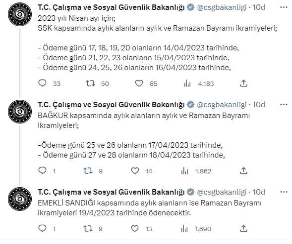 Son Dakika: SSK, Bağ-Kur ve Emekli Sandığı kapsamındaki aylıklar ile emeklilerin bayram ikramiyeleri 14-19 Nisan'da ödenecek Son Dakika: SSK, Bağ-Kur ve Emekli Sandığı kapsamındaki aylıklar ile emeklilerin bayram ikramiyeleri 14-19 Nisan'da ödenecek