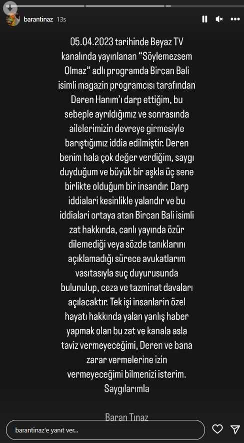 Baran Tınaz, Deren Talu'ya şiddet uyguladığı iddiasını yalanladı Baran Tınaz, Deren Talu'ya şiddet uyguladığı iddiasını yalanladı