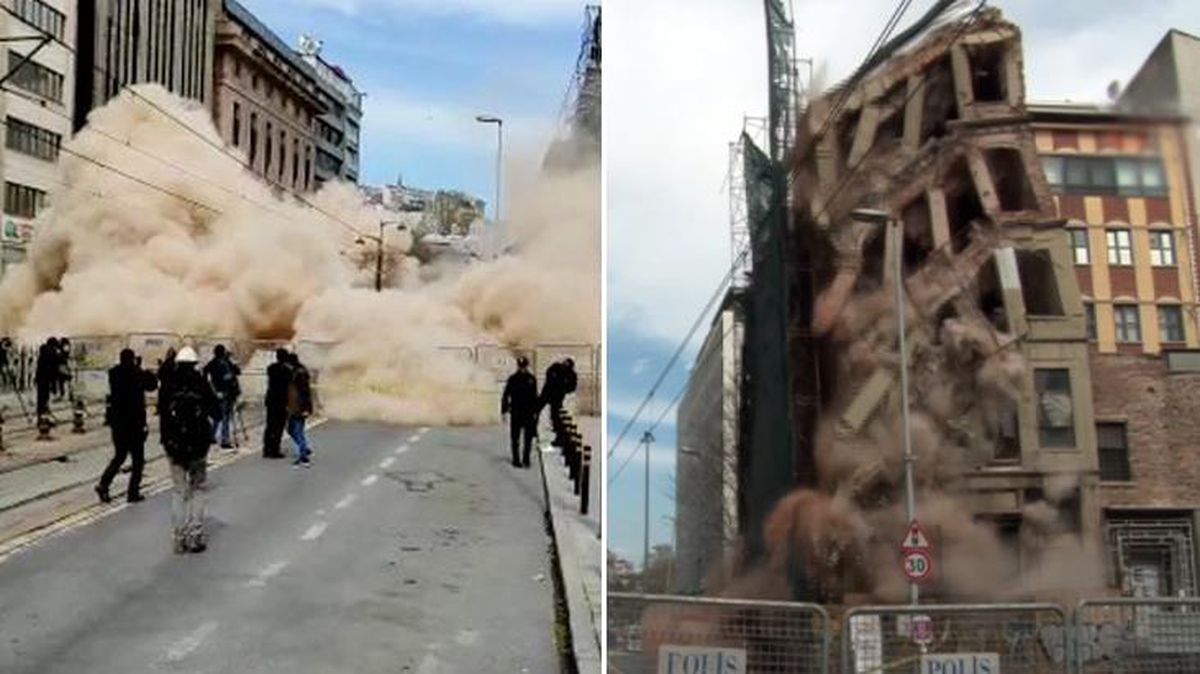 Beyoğlu'nda ekipleri teyakkuza geçiren 5 katlı metruk bina tamamen çöktü! Anbean kamerada