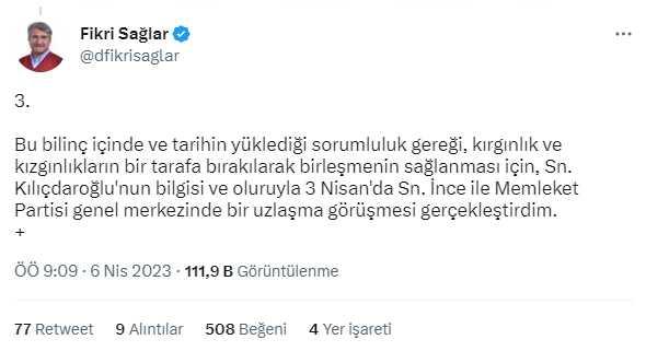 Eski Bakan Fikri Sağlar: 3 Nisan'da Kılıçdaroğlu ve İnce arasında bir uzlaşma görüşmesi gerçekleştirdim