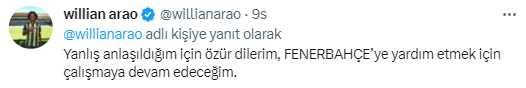 İki kez özür diledi! Tepkilerin odağındaki Willian Arao'dan taraftara mesaj İki kez özür diledi! Tepkilerin odağındaki Willian Arao'dan taraftara mesaj