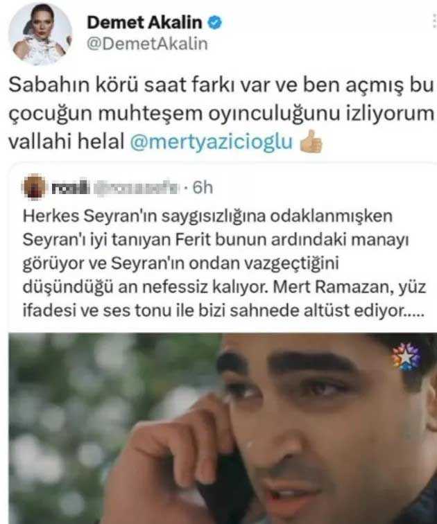 Mert Ramazan Demir'in oyunculuğunu övmek isteyen Demet Akalın isimleri karıştırınca alay konusu oldu