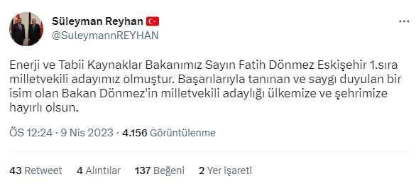 AK Parti'de liste netleşiyor! Enerji Bakanı Fatih Dönmez, Eskişehir'de 1. sıradan aday gösterildi AK Parti'de liste netleşiyor! Enerji Bakanı Fatih Dönmez, Eskişehir'de 1. sıradan aday gösterildi