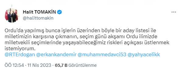 AK Parti Ordu İl Başkanı Halit Tomakin, Cumhurbaşkanı Erdoğan'a seslendi: İstifanın eşiğindeyiz