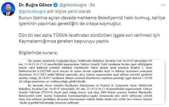 Mahkeme Tügva Konusunda İbb'yi Haklı Buldu. Buğra Gökce: 'Tügva Tarafından Sürdürülen İşgale Son Verilmesi İçin Gereken Başvuruyu Yaptık' Mahkeme Tügva Konusunda İbb'yi Haklı Buldu. Buğra Gökce: 'Tügva Tarafından Sürdürülen İşgale Son Verilmesi İçin Gereken Başvuruyu Yaptık'