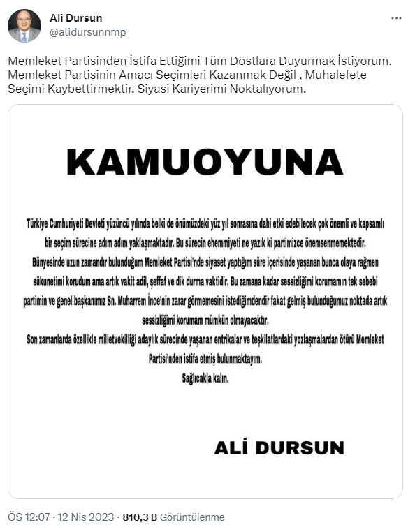 Memleket Partisi'nde deprem! Kurucu üye 'Partinin amacı muhalefete seçim kaybettirmek' deyip istifa etti Memleket Partisi'nde deprem! Kurucu üye 'Partinin amacı muhalefete seçim kaybettirmek' deyip istifa etti