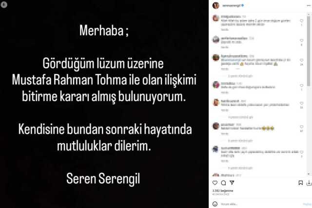 Seren Serengil, 4 yıldır birlikte olduğu Mustafa Rahman Tohma ile ayrıldı Seren Serengil, 4 yıldır birlikte olduğu Mustafa Rahman Tohma ile ayrıldı