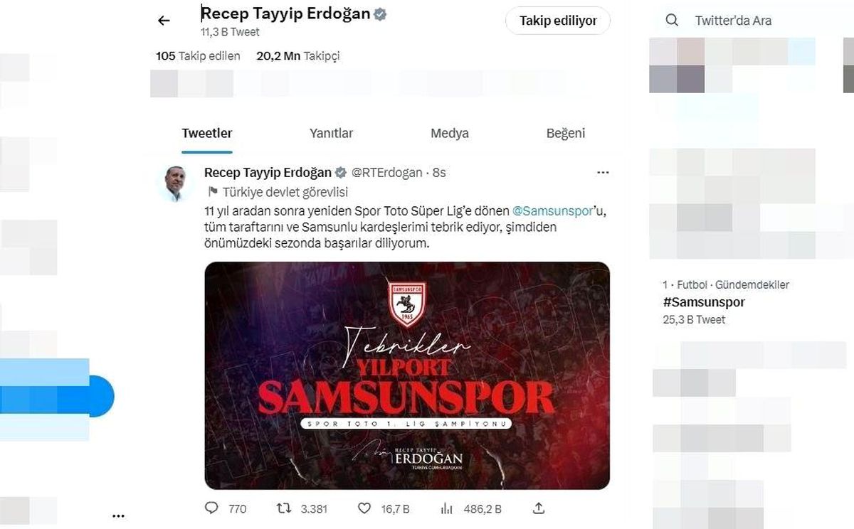 Cumhurbaşkanı Erdoğan'dan Samsunspor'a tebrik