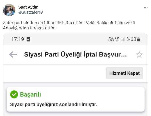 Zafer Partisi milletvekili adayı Suat Aydın, zehir zemberek sözlerle partisinden istifa etti