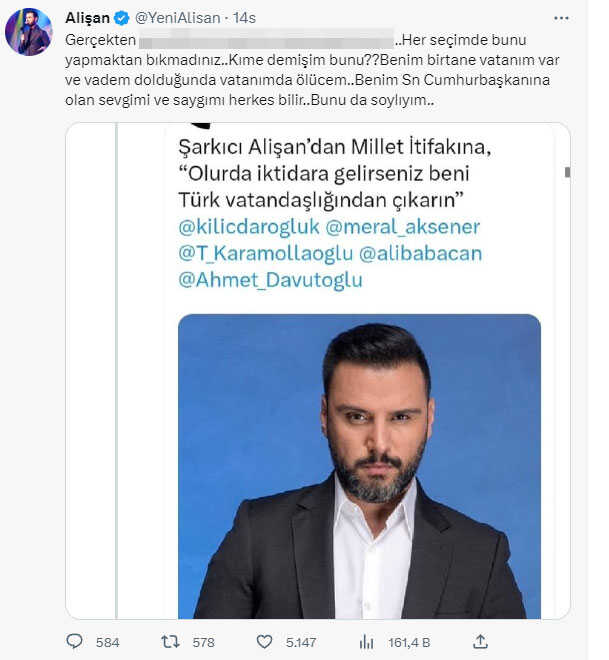 Alişan 'Millet ittifakı kazanırsa, Türk vatandaşlığından beni çıkarın' dediği iddiasına ateş püskürdü