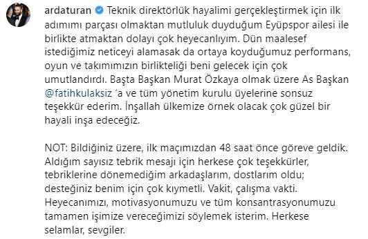 İlk maçında mağlubiyet alan teknik direktör Arda Turan'dan dikkat çeken paylaşım İlk maçında mağlubiyet alan teknik direktör Arda Turan'dan dikkat çeken paylaşım