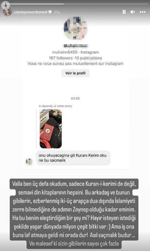 Zeynep Demirel'den 'Git Kuran-ı Kerim oku' diyen takipçisine sert tepki Zeynep Demirel'den 'Git Kuran-ı Kerim oku' diyen takipçisine sert tepki