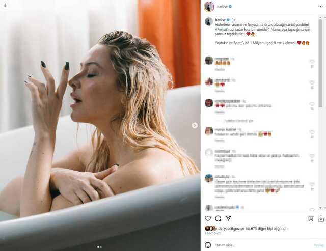Feryat şarkısının başarısını kutlayan Hadise, yeni küvet pozlarını yayınladı Feryat şarkısının başarısını kutlayan Hadise, yeni küvet pozlarını yayınladı
