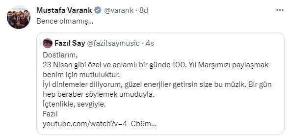 Fazıl Say Cumhuriyetin 100. yılı için marş yaptı, ilk yorum Mustafa Varank'tan geldi: Bence olmamış Fazıl Say Cumhuriyetin 100. yılı için marş yaptı, ilk yorum Mustafa Varank'tan geldi: Bence olmamış