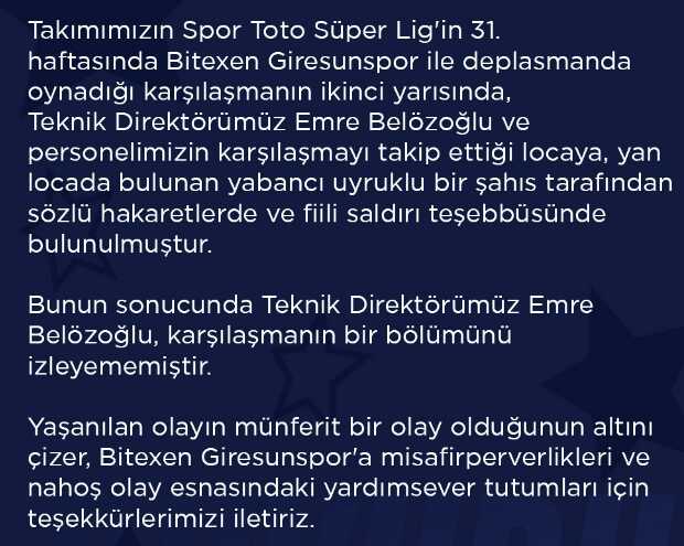 Başakşehir'den Emre Belözoğlu'nun statta karıştığı olayla ilgili açıklama: Saldırı teşebbüsü oldu