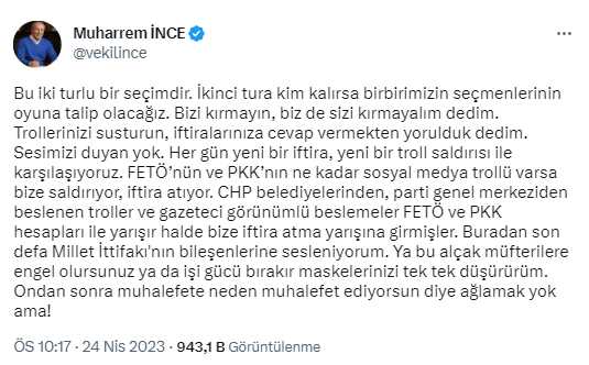 İnce'den Millet İttifakı'na 'trol' resti: Ya engel olun ya da maskelerinizi düşürürüm
