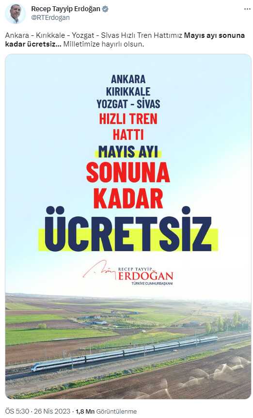 Ankara-Sivas Hızlı Tren Hattı'nın açılışına katılmayan Cumhurbaşkanı Erdoğan müjdeyi sosyal medyadan verdi: Mayıs sonuna kadar ücretsiz