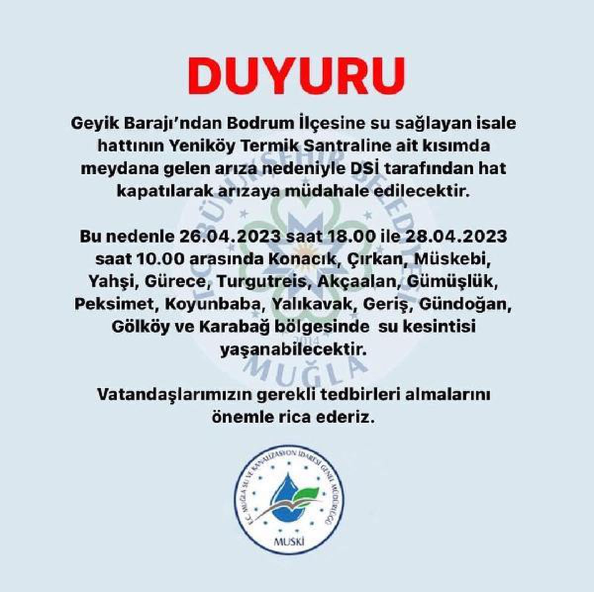Bodrum'un 15 mahallesinde 2 günlük su kesintisi