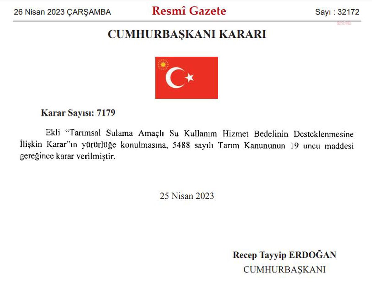 Çiftçilerin Tarımsal Amaçlı Su Kullanım Bedellerinin Yarısına Devlet Desteği