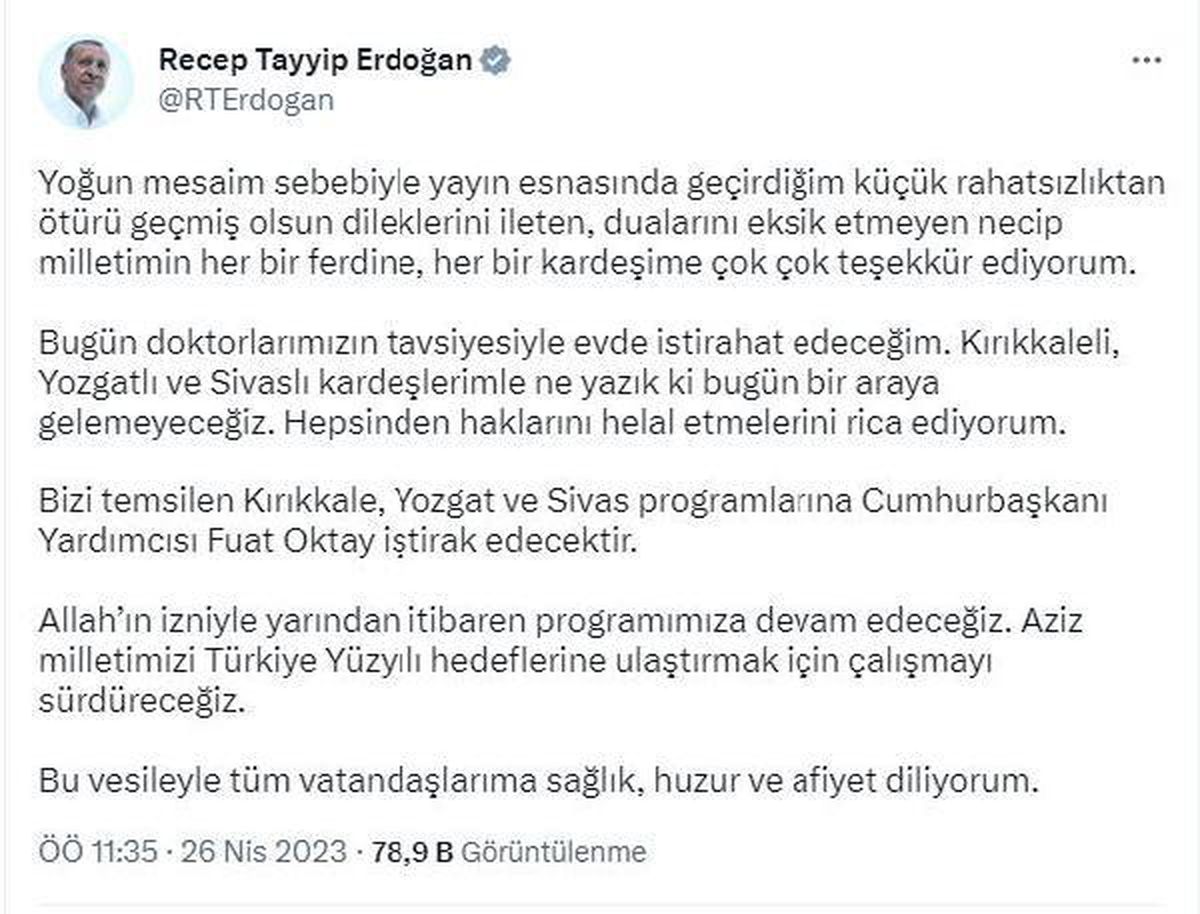 Cumhurbaşkanı Erdğan'ın Kırıkkale, Yozgat ve Sivas programı iptal oldu