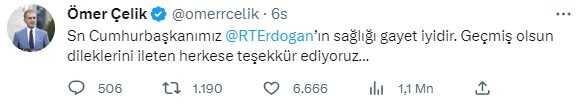 Cumhurbaşkanı Erdoğan'ın sağlık durumuyla ilgili Yardımcısı Ömer Çelik'ten açıklama: Sağlığı gayet iyi