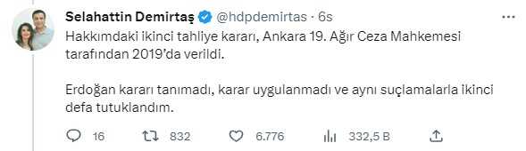 Demirtaş: 'Benim Kimseden Tahliye Talebim Olmadı, Erdoğan Mahkeme Kararlarını da Anayasa'yı da Tanımadığını İlan Etti'