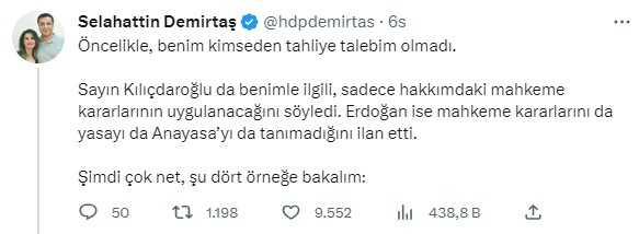 Demirtaş: 'Benim Kimseden Tahliye Talebim Olmadı, Erdoğan Mahkeme Kararlarını da Anayasa'yı da Tanımadığını İlan Etti'