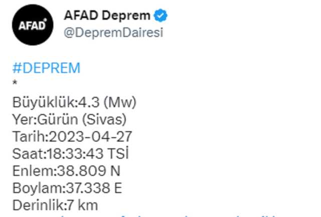 Sivas'ta 4,3 büyüklüğünde deprem meydana geldi