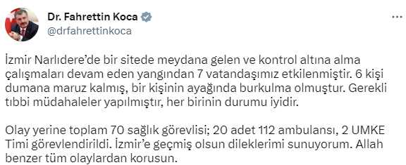 Bakan Koca, yangına ilişkin son durumu aktardı: 7 vatandaşımız etkilendi Bakan Koca, yangına ilişkin son durumu aktardı: 7 vatandaşımız etkilendi