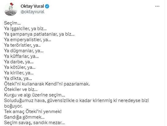 Seçimlere sayılı günler kala Oktay Vural'dan olay yaratan paylaşım: Soluduğumuz hava bizi boğuyor Seçimlere sayılı günler kala Oktay Vural'dan olay yaratan paylaşım: Soluduğumuz hava bizi boğuyor