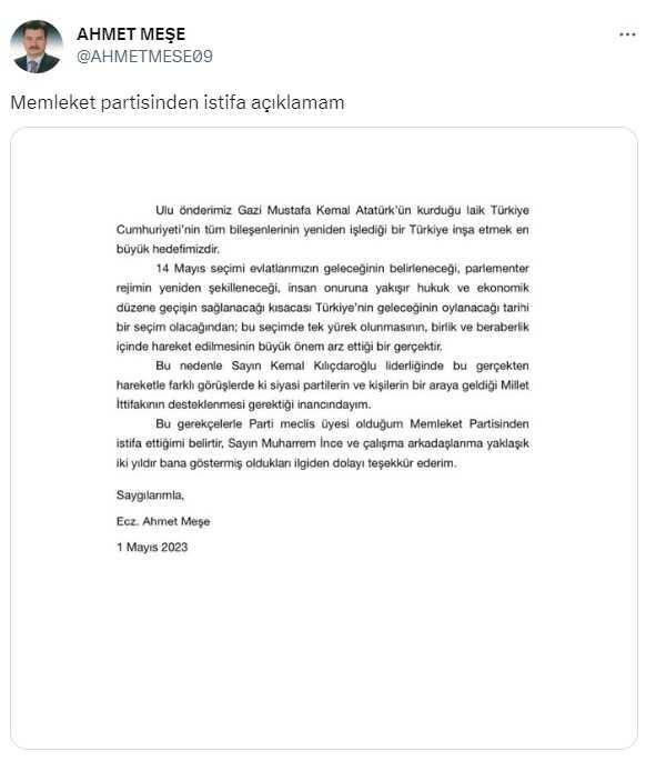 Memleket Partisi Meclis Üyesi Ahmet Meşe, Kılıçdaroğlu'nu destekleyeceğini söyleyip istifa etti: Seçimlerde tek yürek olunmalı Memleket Partisi Meclis Üyesi Ahmet Meşe, Kılıçdaroğlu'nu destekleyeceğini söyleyip istifa etti: Seçimlerde tek yürek olunmalı