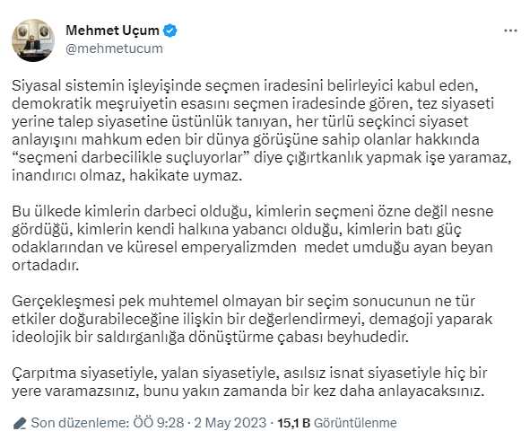 'İktidar değişikliği tam bağımsızlığa darbe olur' diyen Cumhurbaşkanı Başdanışmanı Uçum'dan yeni açıklama