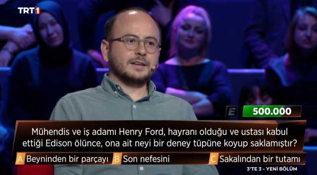 3'te 3 Tarih bilgi yarışması 500 bin tl soru nedir, açıklandı mı, ne zaman açılacak? TRT 1 3'te 3 yarışması 500 bin TL'lik son soru ne, cevabı ne?