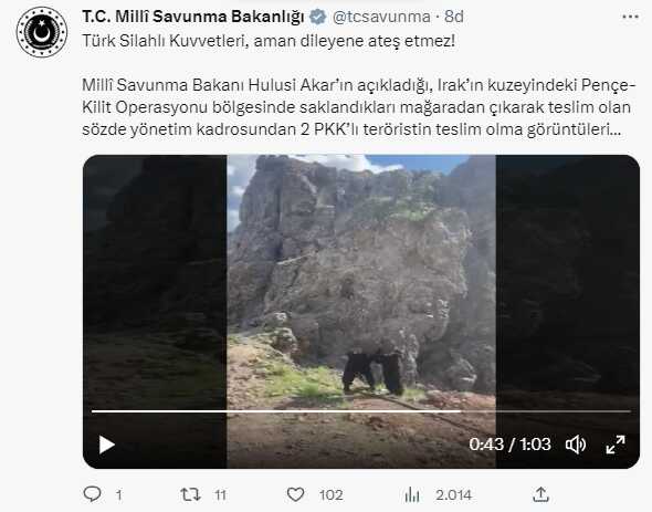 Bakan Akar 'Terör örgütünün sözde 2 elebaşı teslim oldu' dedi! TSK o anları paylaştı Bakan Akar 'Terör örgütünün sözde 2 elebaşı teslim oldu' dedi! TSK o anları paylaştı
